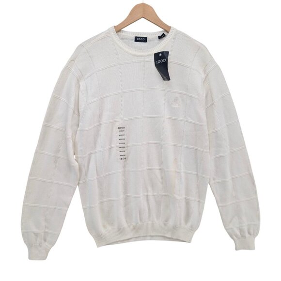 Vtg IZOD Sweater Mens White Cotton Knit Long Sleeve Crewneck Pullover Size M NWD - Picture 1 of 8